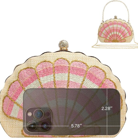 Women's Large Woven Straw Embroidered Shellsea Pattern Clutch Bag with Dual Chai - Picture 5 of 7